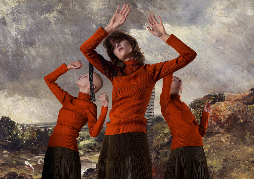 turtleneck PROENZA SCHOULER scarf MICHAEL SONTAG earring WEEKDAY skirt ISSEY MIYAKE boots BALENCIAGA