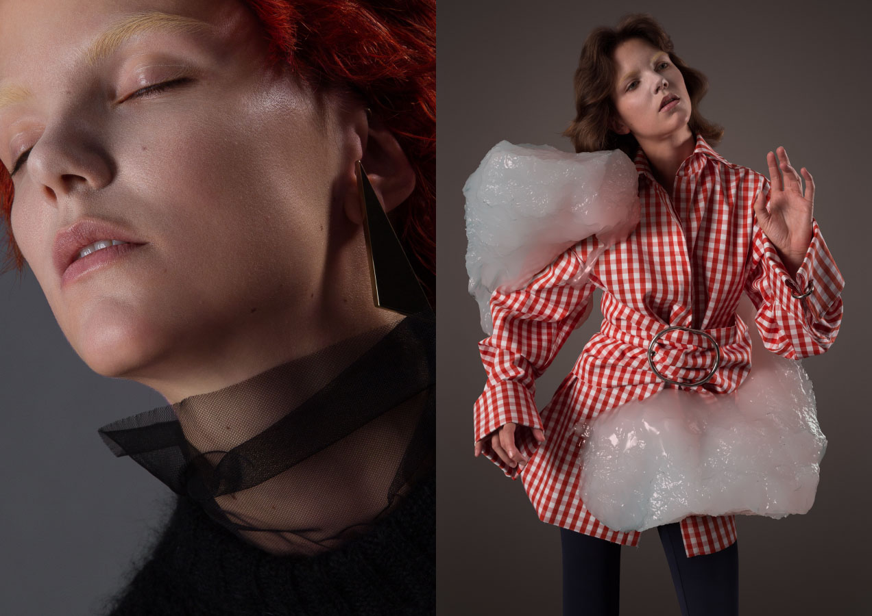 dress SPORTMAX turtleneck STYLIST’S OWN earring SYLVIO GIARDINA . blouse MARQUES ALMEIDA pants MICHAEL SONTAG