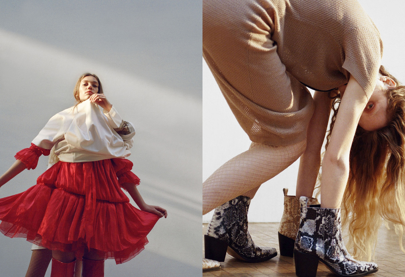 Lydia wears dress ANGEL CHEN t-shirt WAN HUNG boots STYLIST’S OWN . Franny wears dress LUAR . Franny wears dress ASTRID ANDERSEN boots GANNI