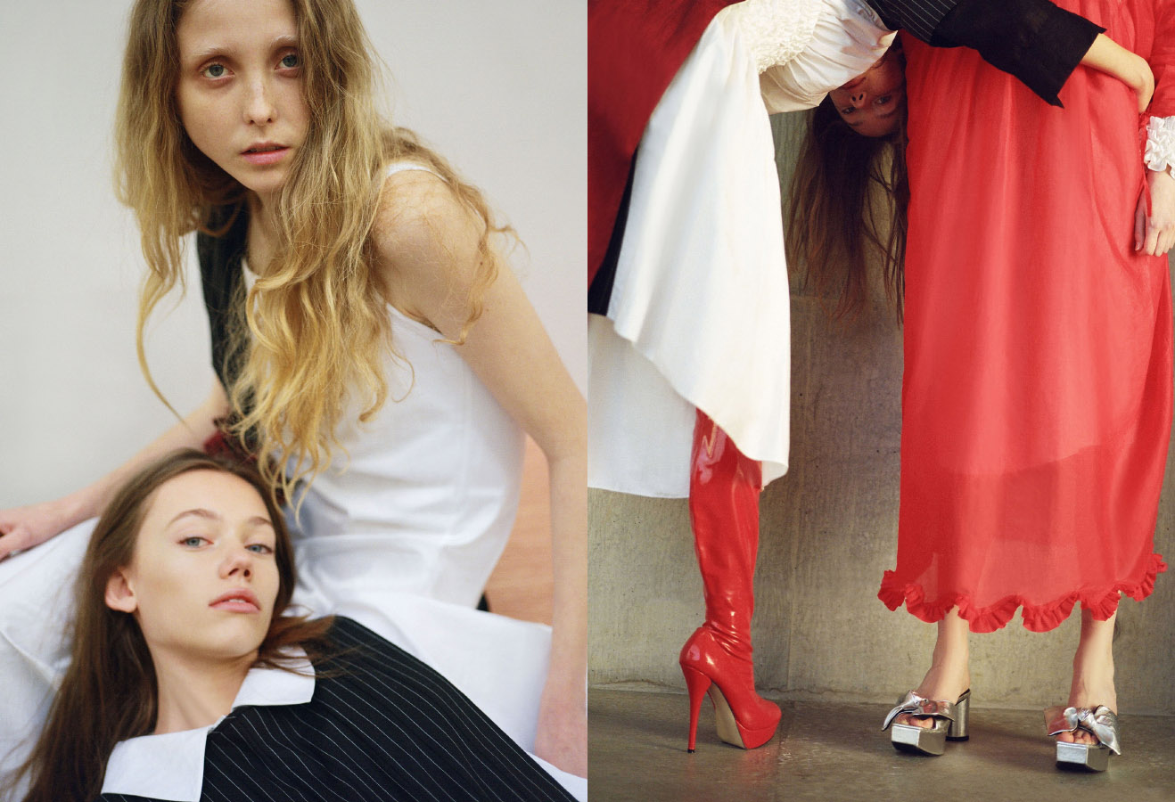 Lydia wears coat styled as a dress MASHAEL ALRAJHI . Franny wears white shirt CECILIE BAHNSEN red shirt MASHAEL ALRAJHI . Lydia wears all clothes MASHAEL ALRAJHI boots STYLIST’S OWN. Franny wears all clothes MASHAEL ALRAJHI shoes IRENE SJ YU
