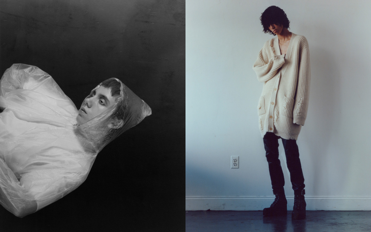Jovel wears t-shirt HELMUT LANG jacket STYLIT’S OWN . Austin wears cardigan JW ANDERSON pants MCQ boots KOZABURO