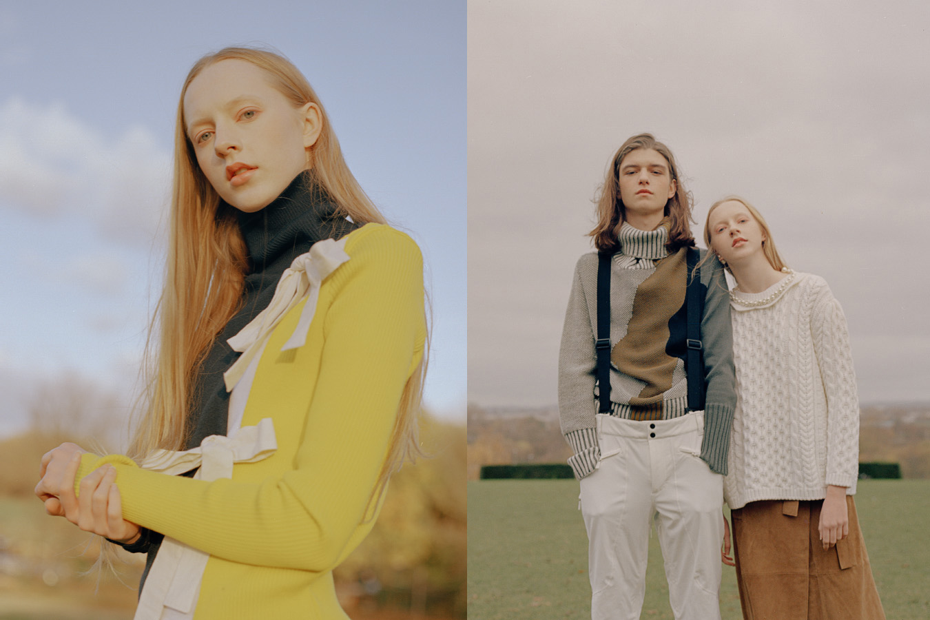 Efie wears top JACQUEMUS . Asbjorn wears sweater MAIGIDAH pants FUSALP . Efie wears sweater SIMONE ROCHA skirt WHISTLES