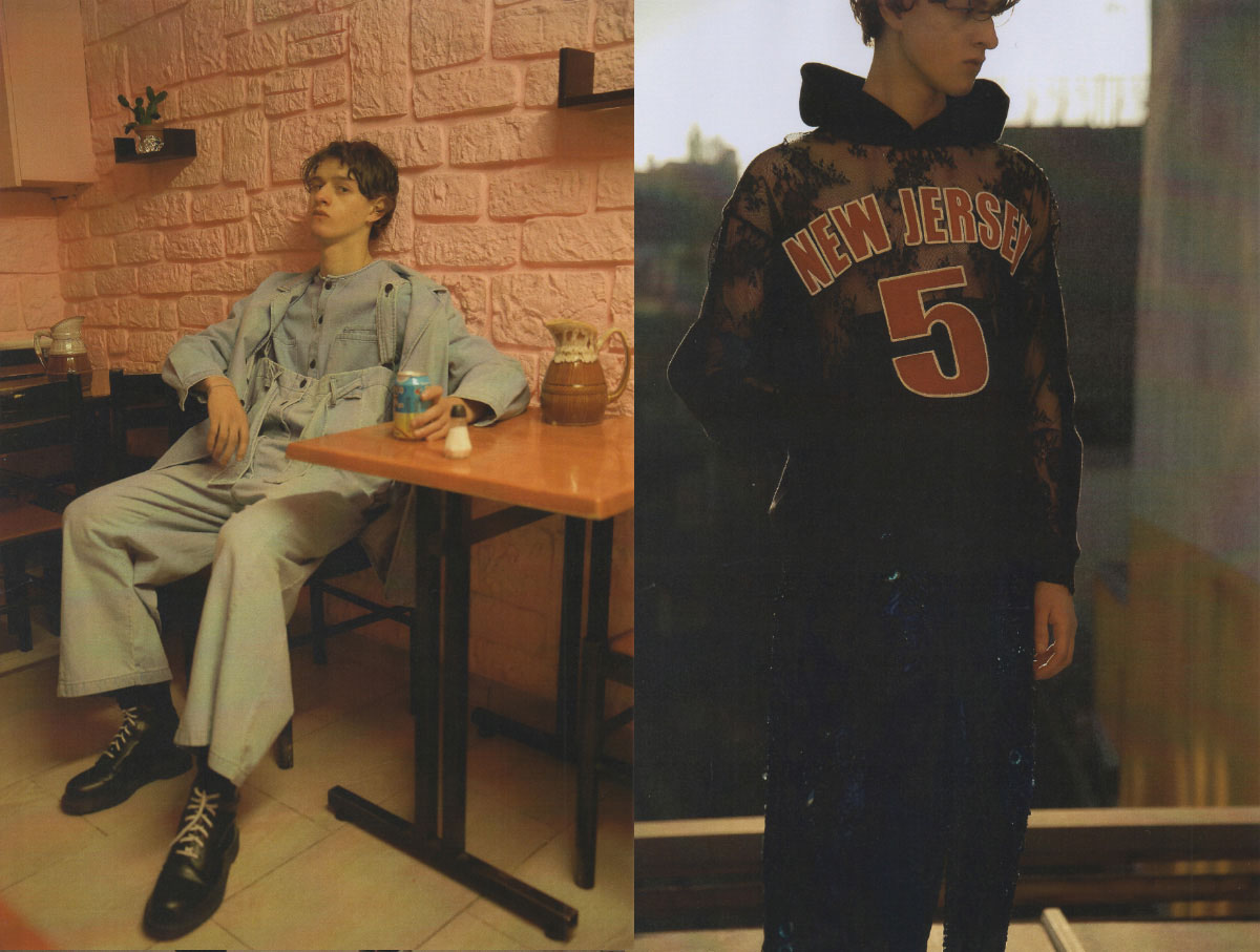 Albus wears shirt, overall and jacket 69 shoes MODELʼS OWN . Albus wears sweatshirt DRY CLEAN ONLY pants LOU DE BETOLY