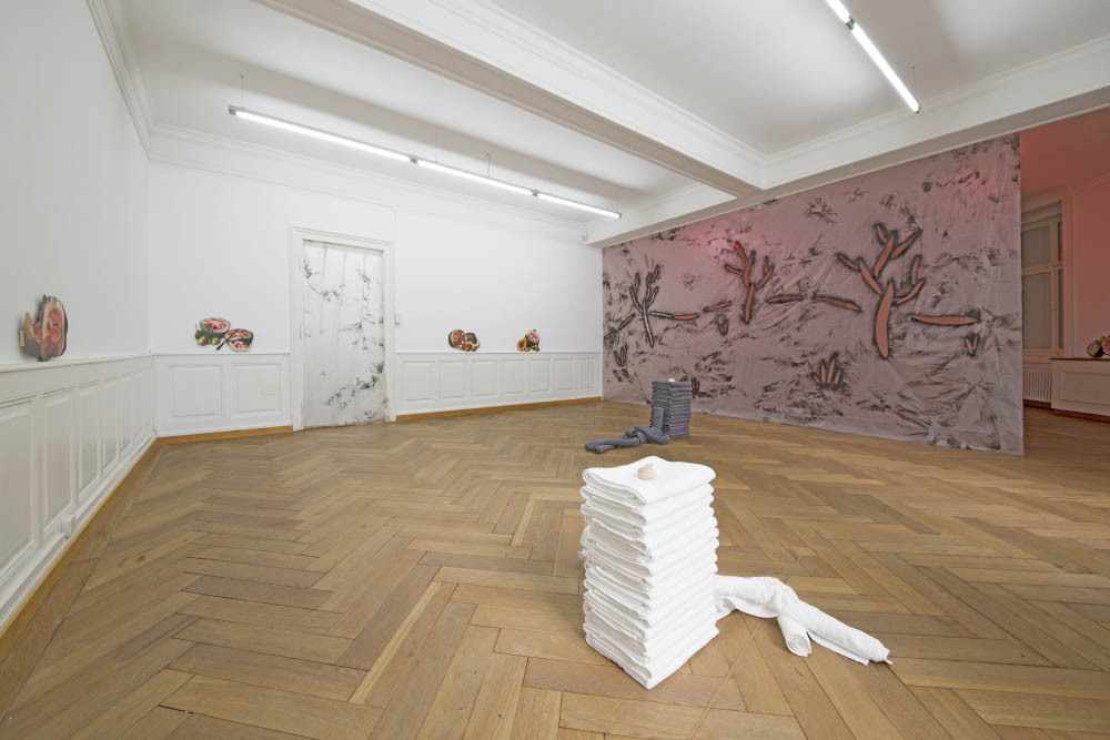0 - 1,000 mph/ 67,000 mph/ 490,000 mph, 2016, Towels, eggs, light gels, clocks, ink on canvas, spray paint on plastic, Dimensions variable. Installation view at Kunsthaus Langenthal, Langenthal, CH