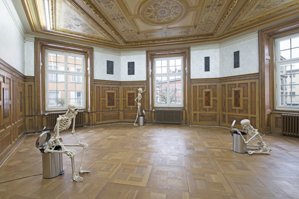 No drop in a storm feels responsible, 2016, Skeletons, water, water pumps, trash cans, fingerprints on stretched velvet, Dimensions variable. Installation view at Kunsthaus Langenthal, Langenthal, CH