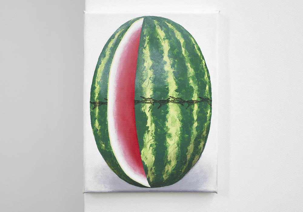 Watermelon, 2016, Temporary tattoo and acrylic on canvas, 24 x 18 cm