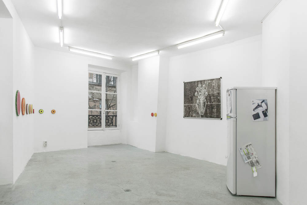 Pastel, 2016, Acrylic on canvas, ink on whiteboard, refrigerator, Dimensions variable. Installation view at Galerie Joseph Tang, Paris, FR