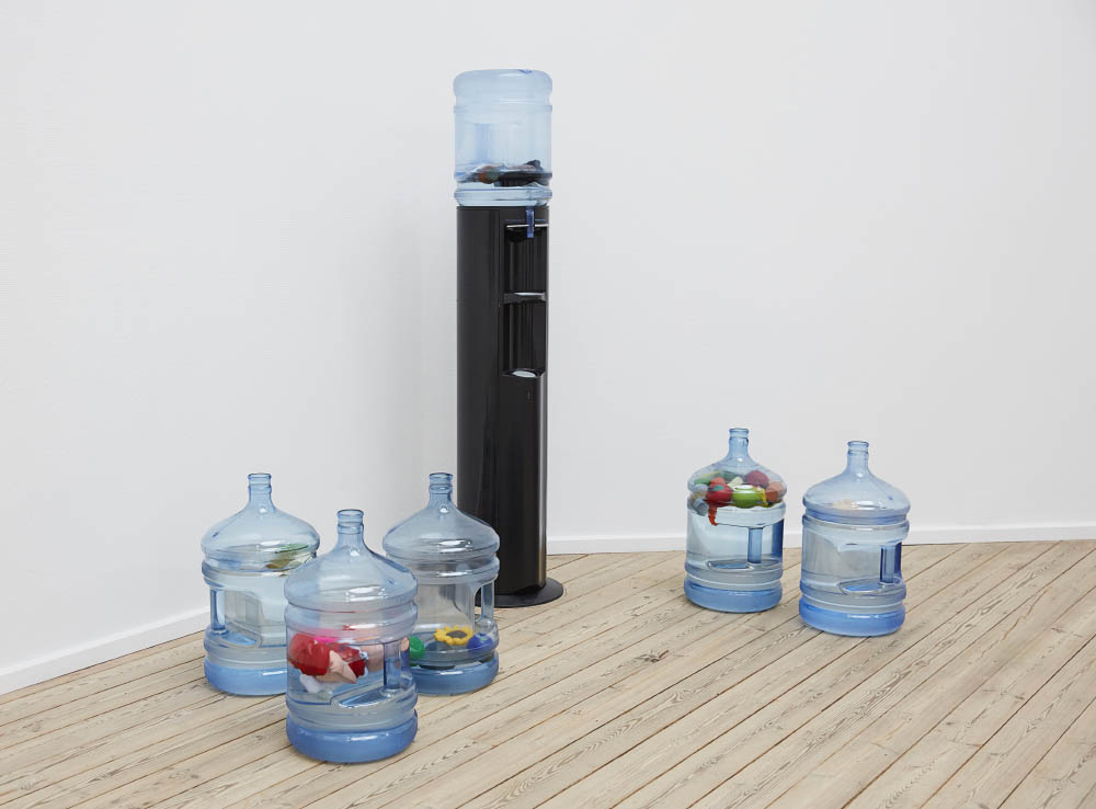 Stress comes in all forms, 2016, Stress relievers, water, water jugs, water dispenser, 40 x 28 x 28 cm each. Installation view at Piscine, Kunsthal Aarhus, Aarhus, DK