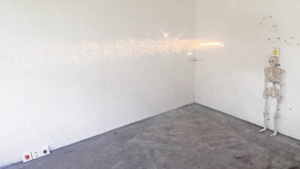 Tell, 2016, Performance with fireworks and skeleton; Acrylic and roman candles on canvas, Dimensions variable. Installation view at OLM, Neuchatel, CH
