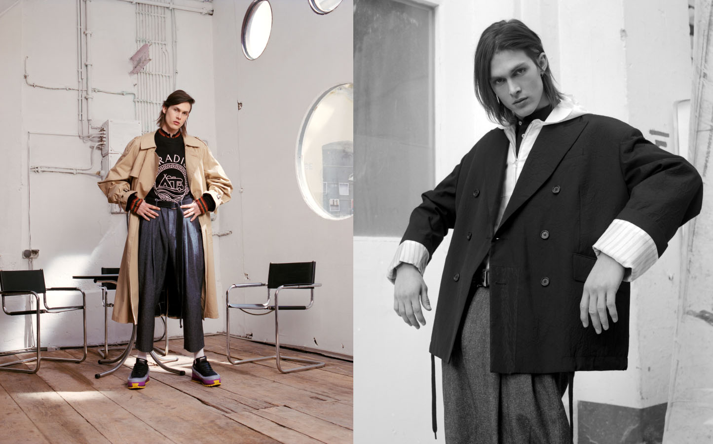 coat VETEMENTS sweatshirt A KIND OF GUISE zipped sweater underneath WALES BONNER pants AGANOVICH socks WEEKDAY shoes ADIDAS x RAF SIMONS . blazer YANG LI hooded windbreaker and shirt A KIND OF GUISE pants AGANOVICH