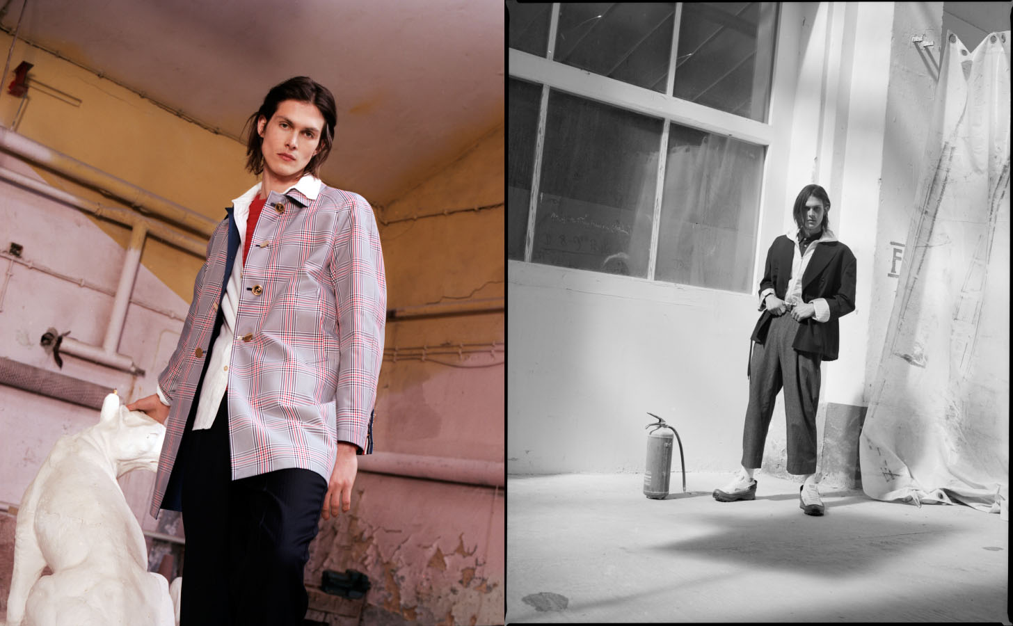 coat THOM BROWNE shirt, sweater and pants A KIND OF GUISE . blazer YANG LI hooded windbreaker and shirt A KIND OF GUISE pants AGANOVICH socks WEEKDAY shoes ADIDAS x RAF SIMONS