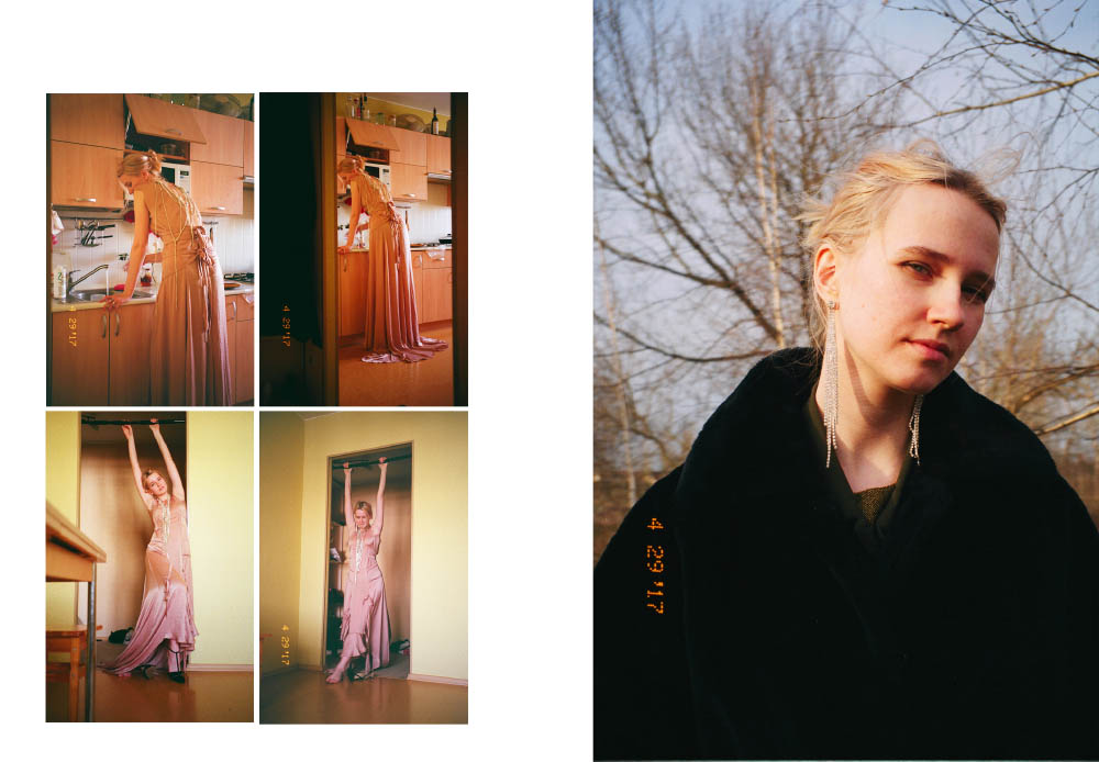 dress OLYA KOSTERINA shoes JILL STUART . dress RIANI fur coat VINTAGE