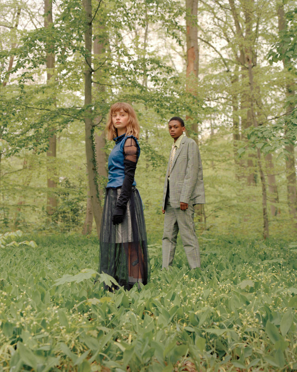 Maja wears top PREEN dress MONKI gloves TOGA PULLA skirt PREEN shoes TOGA PULLA . Jamil wears suit JULIAN ZIGERLI shirt FRECKLE SEOUL scarf MINT VINTAGE