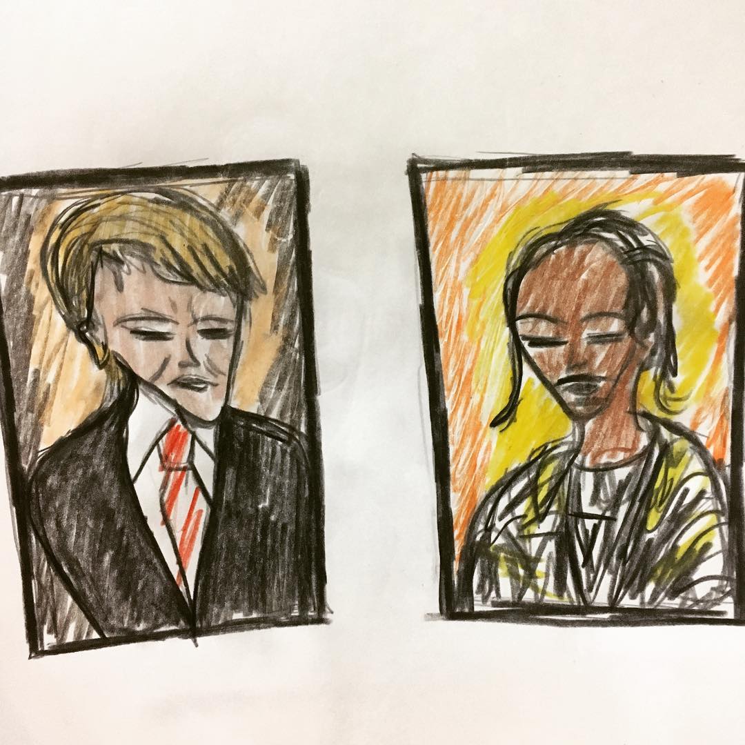 Drawing of Donald Trump and Snoop Dogg photographs being shown next to each other at NY's Frieze Art Fair.