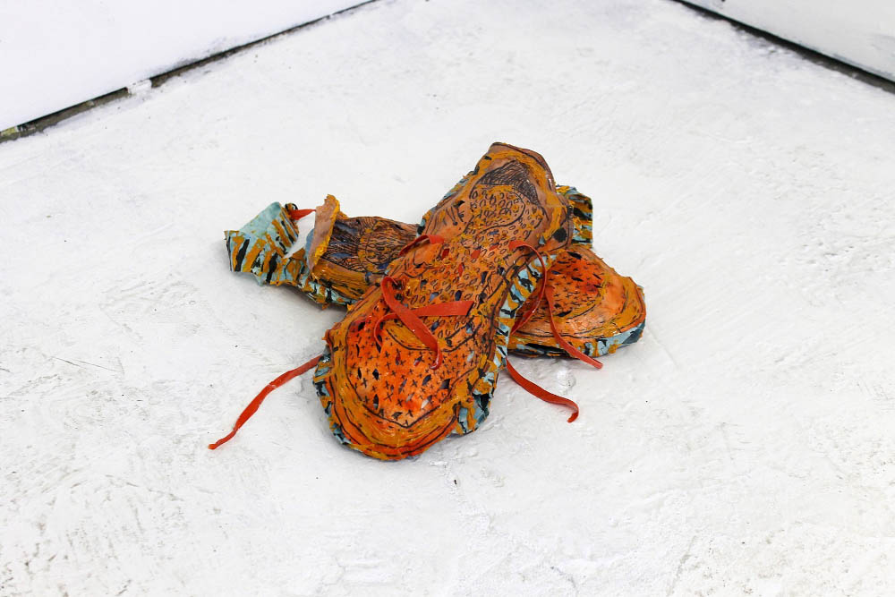 Shoes, 2014, acrylic, ink, fabric dye and Tyvek paper on Japanese Okawara paper, 20" x 15"