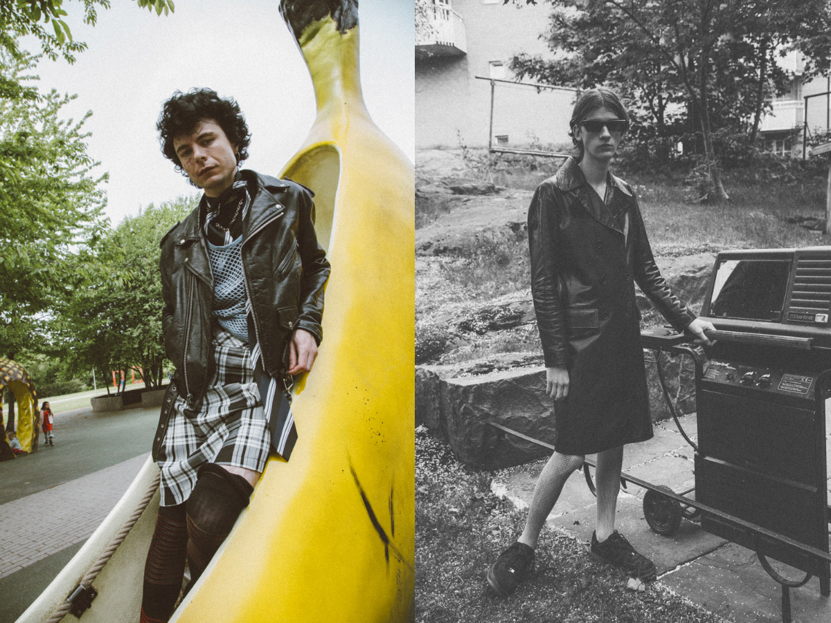 leather jacket MODEL’S OWN t-shirt vintage COMMES DES GARÇONS tie HOPE socks HAAL . leather jacket HELMUT LANG shoes MODEL’S OWN sunglasses VINTAGE SAINT LAURENT stockings PUNKT SHOP