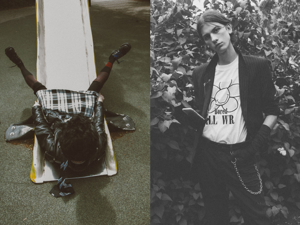 knit HOPE shirt HELMUT LANG chain STYLIST’S STUDIO earring and leather jacket MODEL'S OWN. suit VINTAGE t-shirt OUR LEGACY chain & gloves STYLIST’S STUDIO