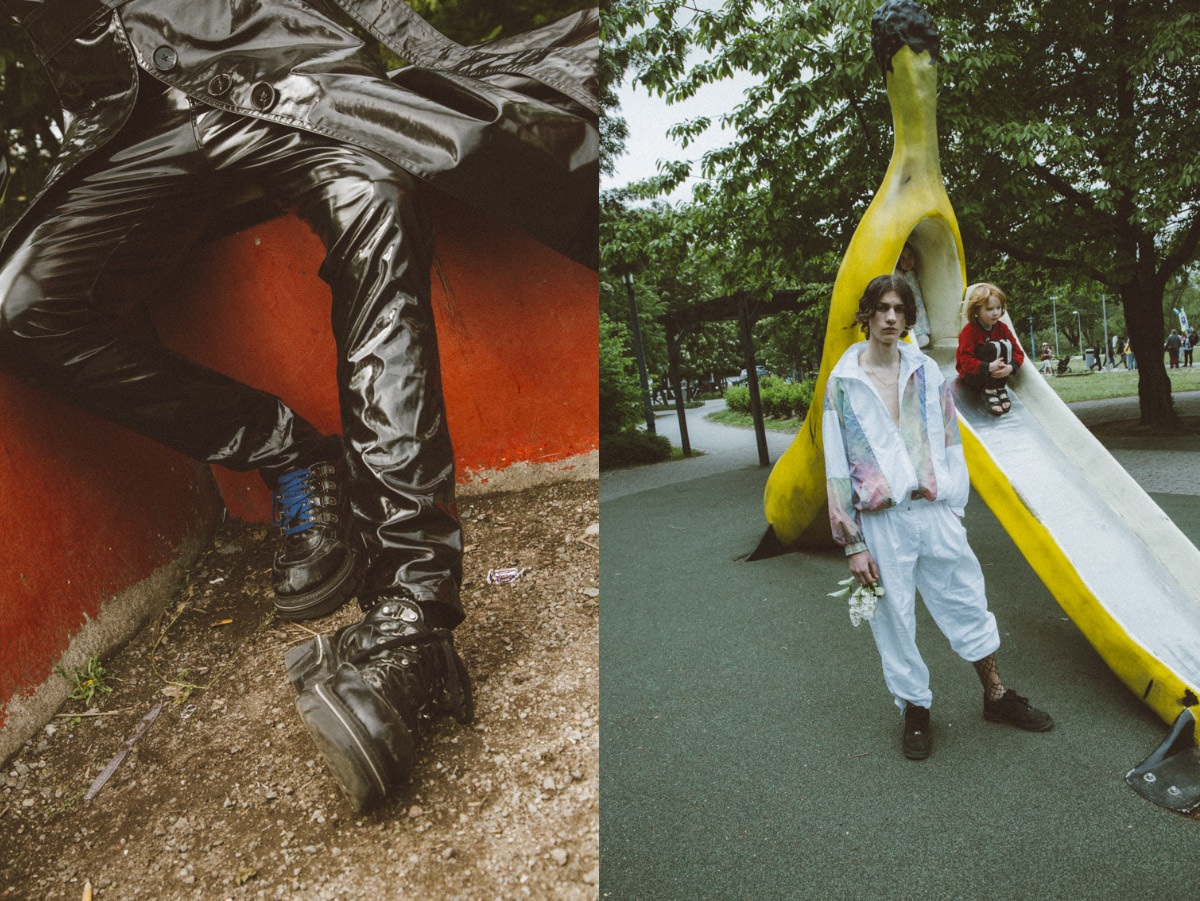 trousers STYLIST’S STUDIO shoes MODEL’S STUDIO. tracksuit HUMANA SECOND HAND ripped stockings HM shoes MODEL’S OWN