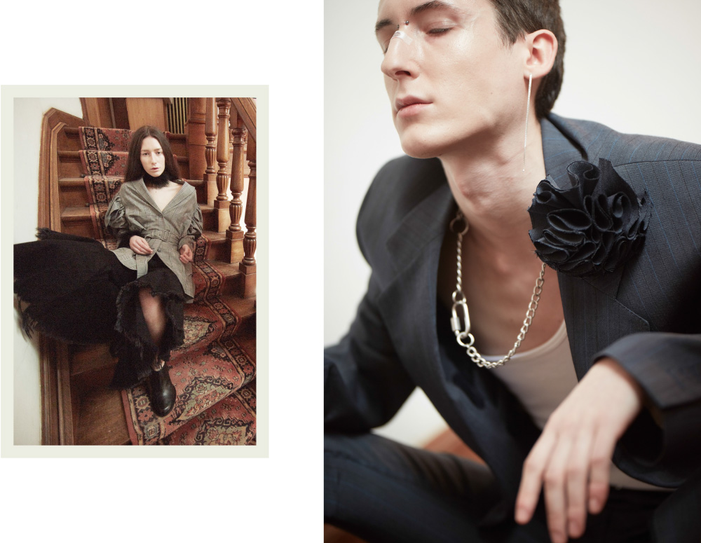Anne Marie wears necklace BABY TURNS BLUE DESIGN jacket SIMONE ROCHA pants MARQUES ALMEIDA shoes ANN DEMEULEMEESTER . Christopher wears shirt VERONIQUE BRANQUINHO jacket TOM BROWNE pants ACNE