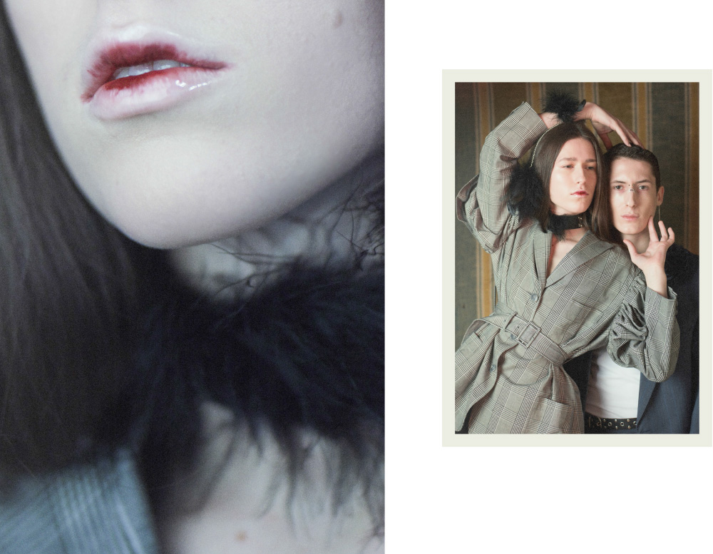 Anne Marie wears necklace BABY TURNS BLUE DESIGN jacket SIMONE ROCHA . Christopher wears shirt VERONIQUE BRANQUINHO jacket TOM BROWNE belt CELINE