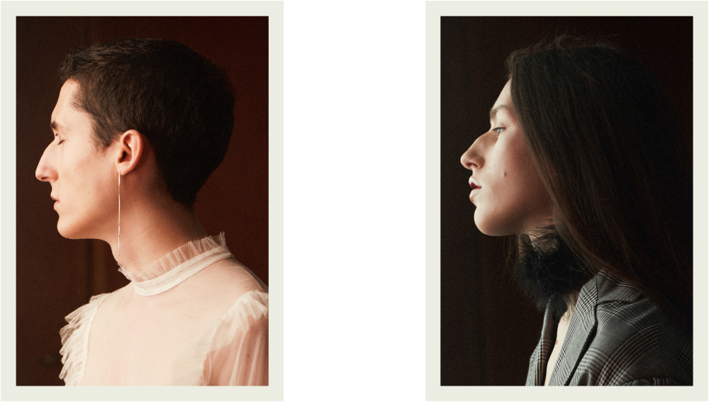 Christopher wears shirt VERONIQUE BRANQUINHO . Anne Marie wears necklace BABY TURNS BLUE DESIGN jacket SIMONE ROCHA