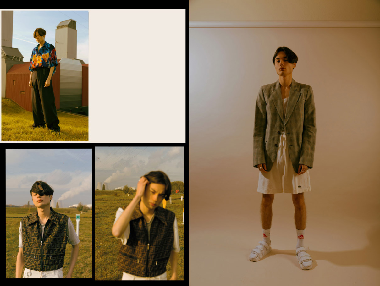 shirt DRAGON-BALL Z pants DRIES VAN NOTEN belt WEEKDAY shoes RAF SIMONS . vest FENDI t-shirt STYLIST’S OWN biker jeans DRIES VAN NOTEN . blazer ANN DEMEULENMEESTER shorts LACOSTE socks ADIDAS X GOSHA sandals ADIDAS