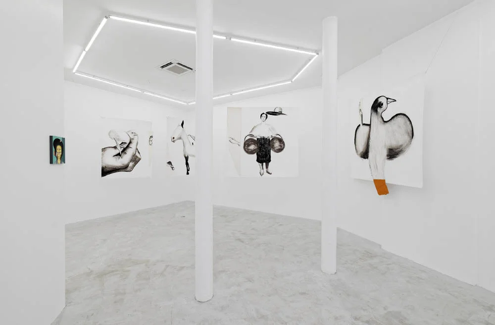 Enzo Cucchi - Exhibition view (Dec. 14th, 2017 - Feb. 3rd, 2018) from Balice Hertling's new Paris space ' Arts & Métiers ' at 239, rue Saint-Martin, in the 3rd arrondissement. Enzo's artworks from left to right : 1/ Lontana , 2014, Oil on wood, 25,5 x 20,5 cm (10 x 8 1/8 in.) 2/ Senza titolo , 2017, Charcoal on Fabriano paper, 150 x 113 cm (59 x 44 1/2 in.) 3/ Senza titolo , 2017, Pencil and charcoal on Fabriano paper, 150 x 155 cm (59 x 61 in.) 4/ Senza titolo , 2017, Pencil and charcoal on Fabriano paper, 150 x 157 cm (59 x 61 3/4 in.) 5/ Senza titolo , 2017, Charcoal on Fabriano paper, ceramic, 153 x 175 cm (60 1/4 x 68 7/8 in.)