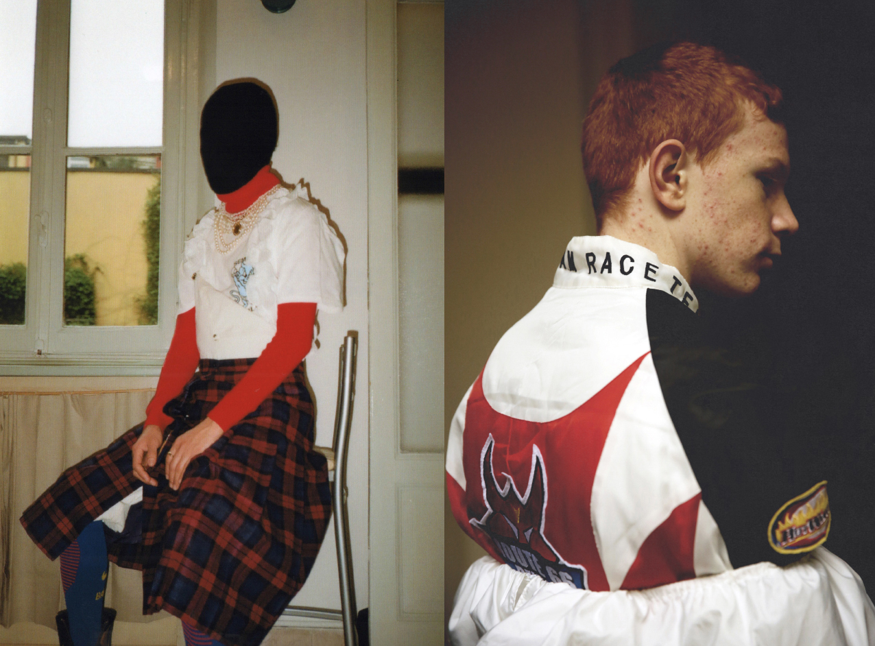 motocross jacket STYLIST'S ARCHIVE white layered dress VINTAGE balaclava THINSULATE red rollneck STYLIST'S ARCHIVE sempre meglio tee MALACODA kilt STYLIST'S ARCHIVE football socks. motocross race jacket STYLIST'S ARCHIVE white layered dress VINTAGE