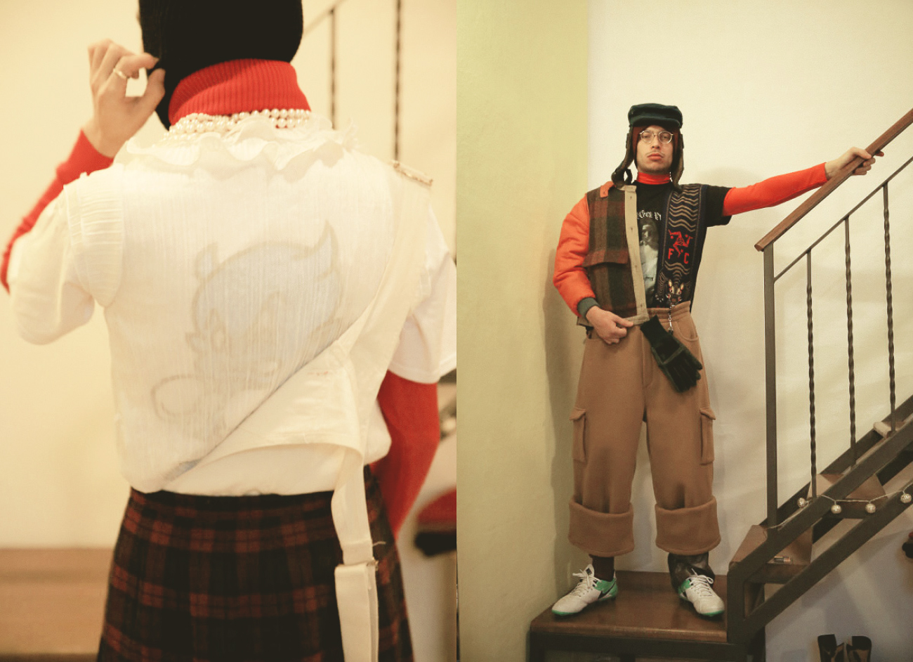 balaclava THINSULATE red rollback STYLIST'S ARCHIVE white frill shirt VINTAGE sempre meglio tee dungaree STYLIST'S ARCHIVE kilt STYLIST'S ARCHIVE . hat VINTAGE red roll-neck STYLIST'S ARCHIVE ti odio tee MALACODA scarf NOWHERE FC trousers SUNNEI football boots NIKE
