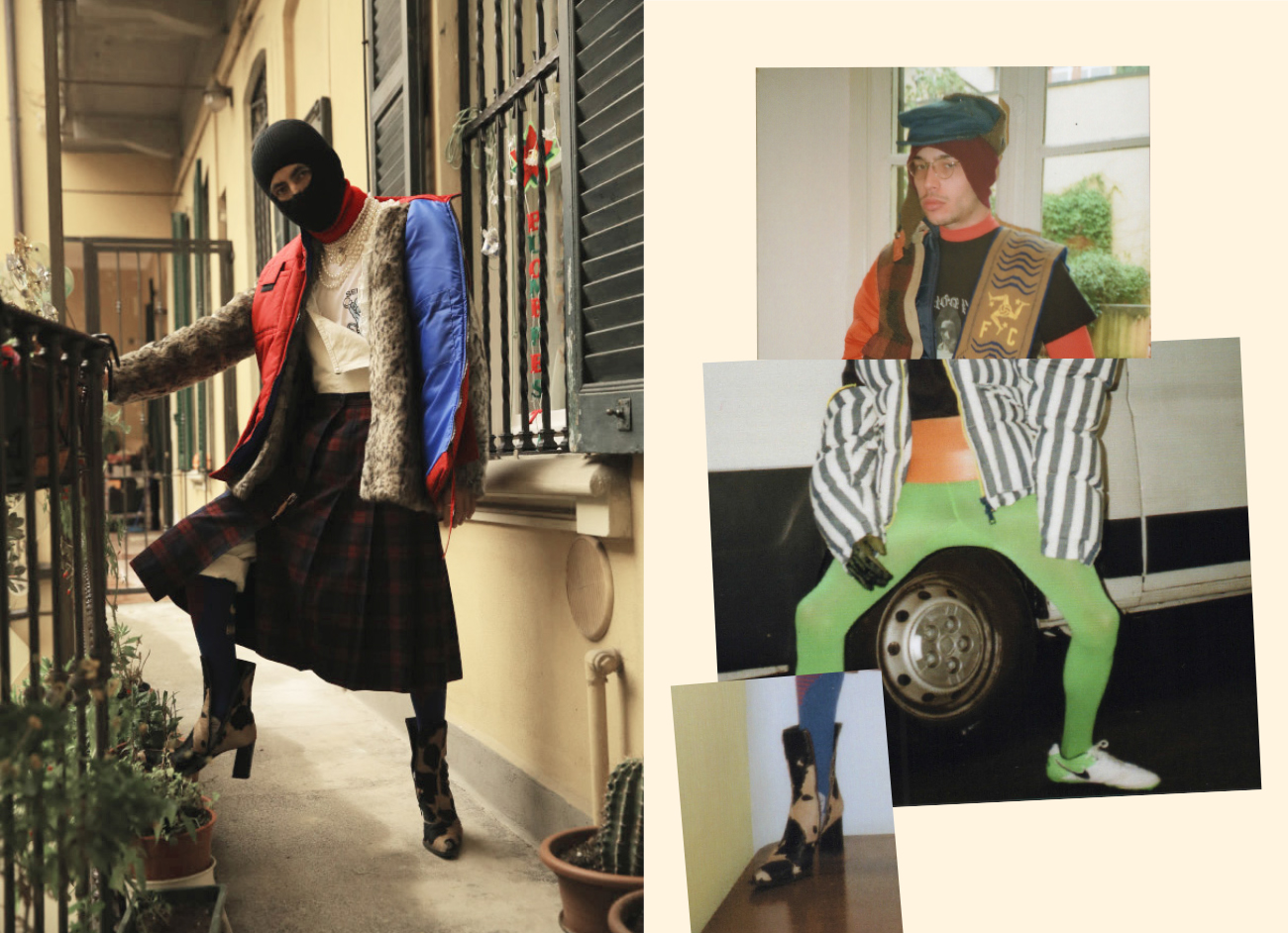 leopard fur VINTAGE balaclava THINSULATE reversable bomber MODEL’S OWN sempre meglio tee MALACODA kilt STYLIST'S ARCHIVE football socks NIKE cow print boots VINTAGE. collage