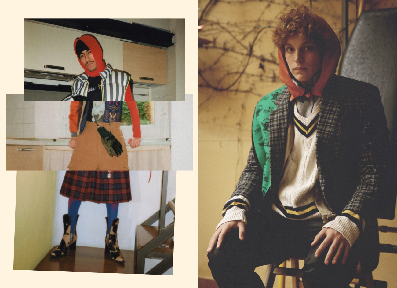 collage. detachable orange hood STYLIST'S ARCHIVE blazer VINTAGE scarf NOWHERE FC jumper VINTAGE zip up PATAGONIA trousers PATAGONIA