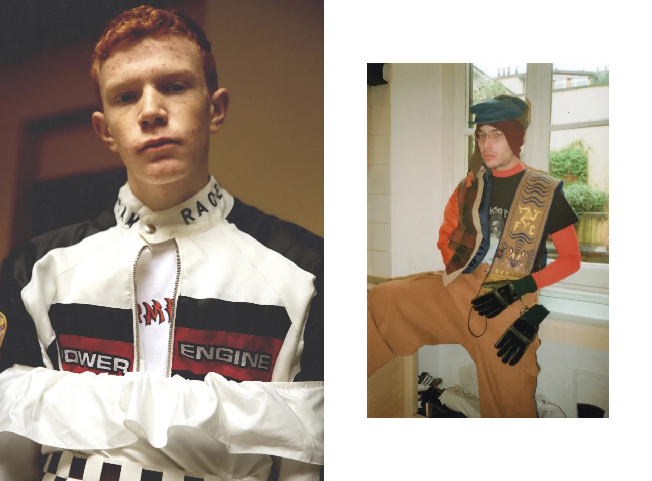 motocross race jacket STYLIST'S ARCHIVE white layered dress VINTAGE . hat STYLIST'S ARCHIVE striped jumper SUNNEI scarf NOWHERE FC trousers SKII trainers RAF SIMONS . motocross race jacket STYLIST'S ARCHIVE white layered dress VINTAGE