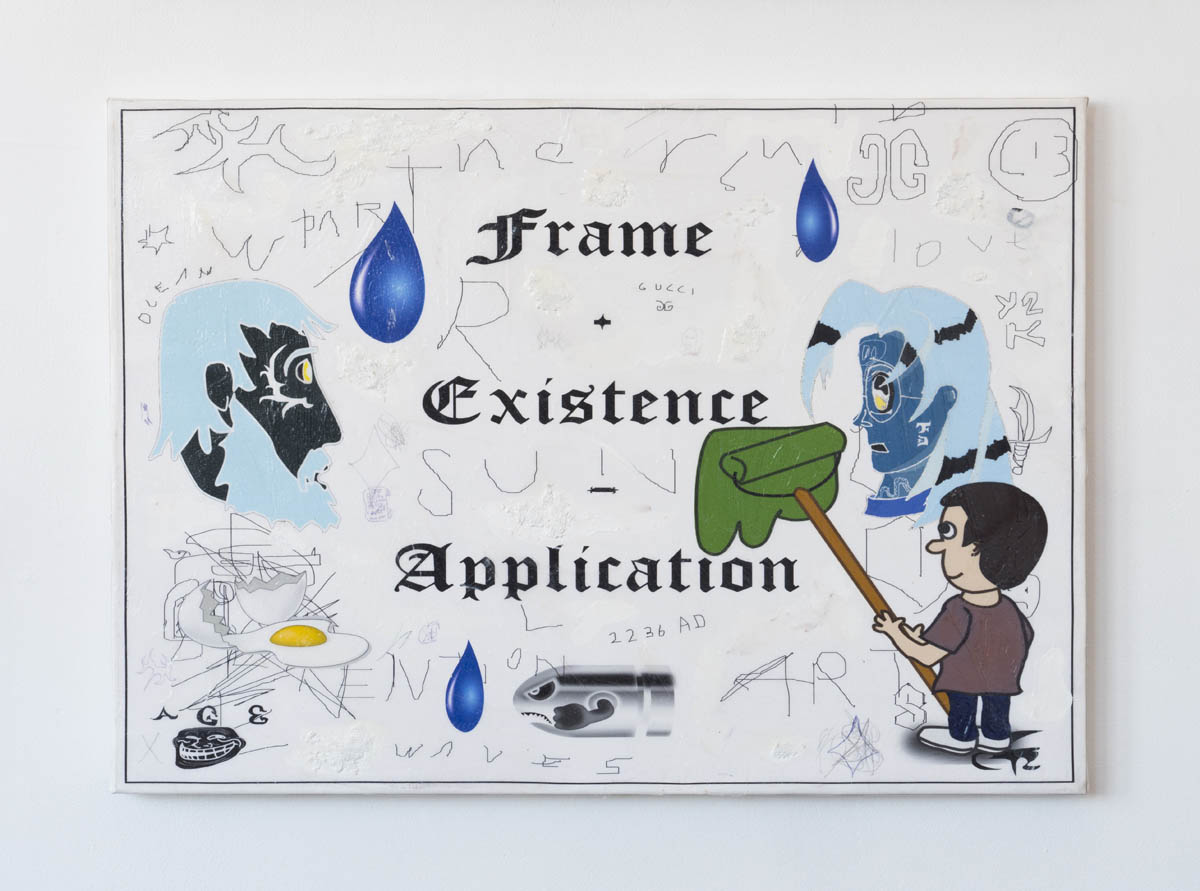 Bora Akinciturk, F.E.A. , 2016, ink, oil pastels, glossy gel medium and digital print on canvas, 50 x 70 cm.