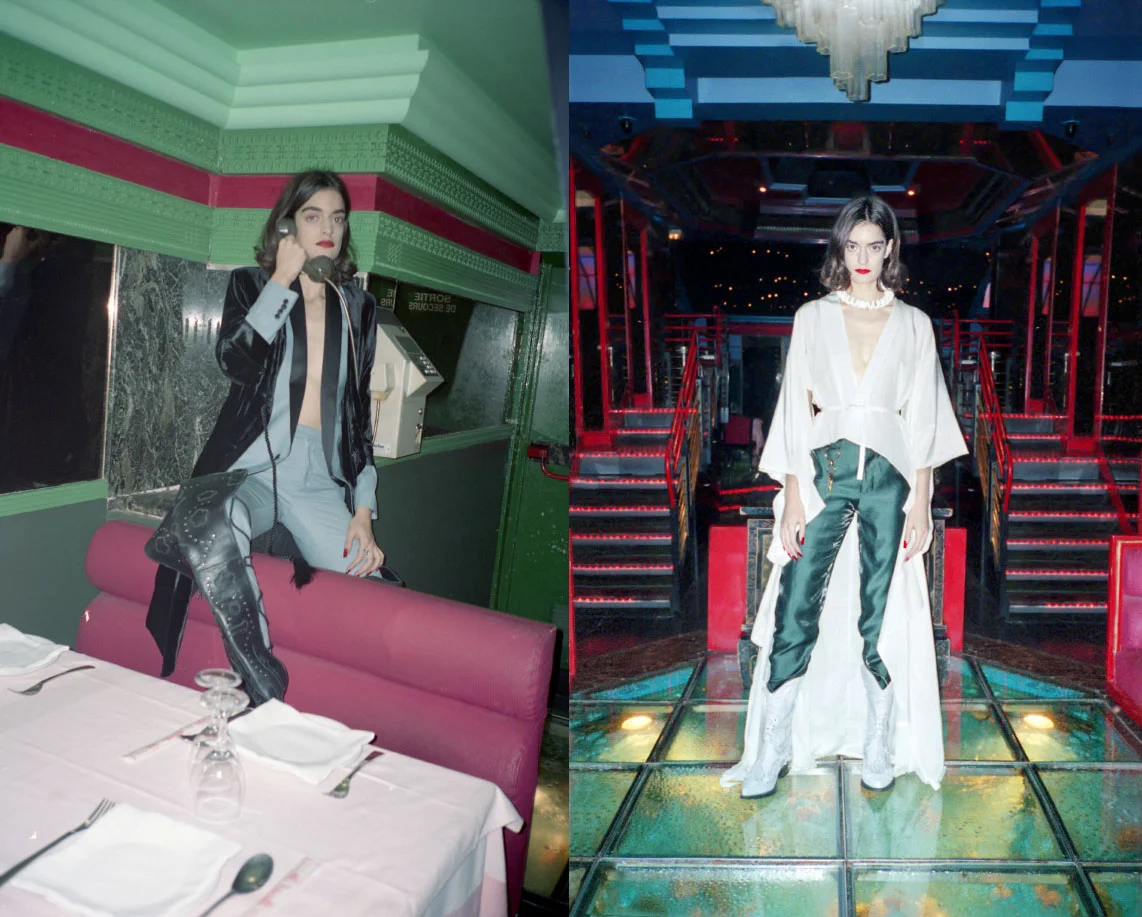 robe MO&CO blue suit GARCON INFIDELES shoes NEITH NYER . necklace DIANA LAW kimono LAVALLIERE pant PIERRE shoes NEITH NYER