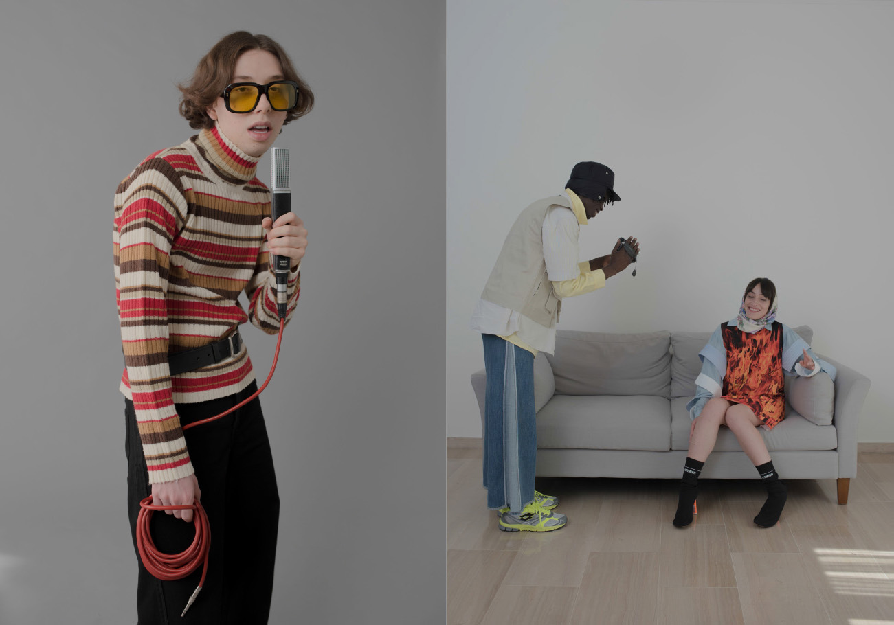 nicolàs wears turtleneck and belt STYLIST’S OWN pants ANDREA YA’AQUOV sunglasses GUCCI . nino wears vest and shirt STYLIST’S OWN yellow shirt RAOUL VISENDI shoes LOTTO jeans ANDREA YA’AQUOV hat STYLIST’S OWN federica dress ELISABETTA GALATI shirt CLAUDIO DONÁ-MENEGHETTI shoes VETEMENTS headscarf STYLIST’S OWN