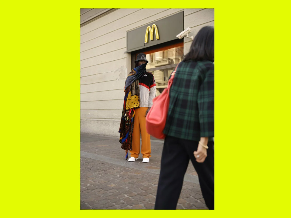jumper KAPPA pants DAKS oxford shoes CAMPER bucket hat ANGELOS FRENTZOS dressing gown worn as scarf PIERRE-LOUIS MASCIA