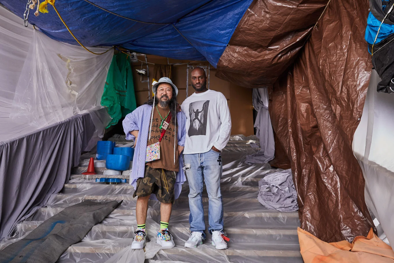 Off-White c/o Virgil Abloh mens SS19 lookbook art direction & set design JUNE 18. Theatre Chaillot, Paris, France (photo Fabien Montique. On the picture: Virgil Abloh and Takashi Murakami