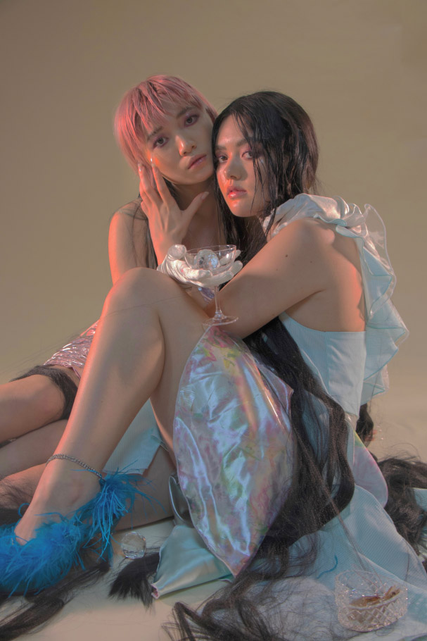 both models wearing NEITH NYER provided by SHYNESS SPACE white silk glove's STYLIST'S OWN , shoes WESTERNAFFAIR , all jewellery STYLIST'S OWN