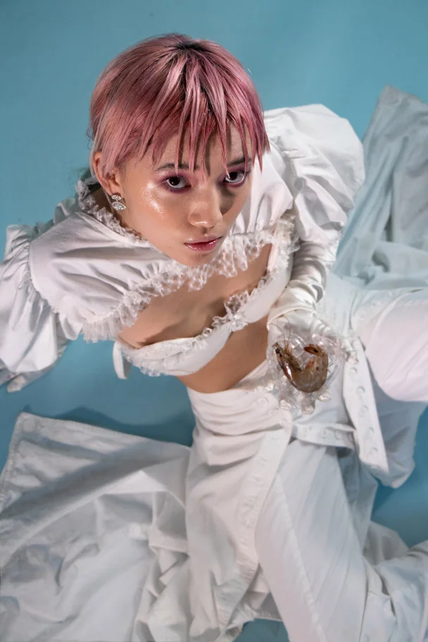 'yesterday I Saw You Kissing Tiny Flowers' co-ord by CHARLIE MCCOSKER white silk gloves STYLIST'S OWN , all jewellery STYLIST'S OWN