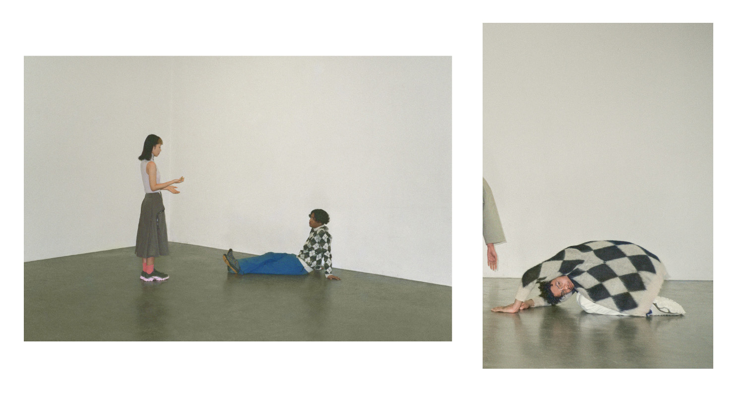 lin lin wears tank top MAISON MARGIELA skirt J.W. ANDERSON shoes RAF SIMONS socks STYLIST’S OWN . aldo wears sweater J.W. ANDERSON trousers MAN-TLE shoes STYLIST’S OWN . patricia wears jacket ALBERTO ZAMBELLI . bruno wears cardigan, trousers and STYLIST’S OWN shoes RAF SIMONS