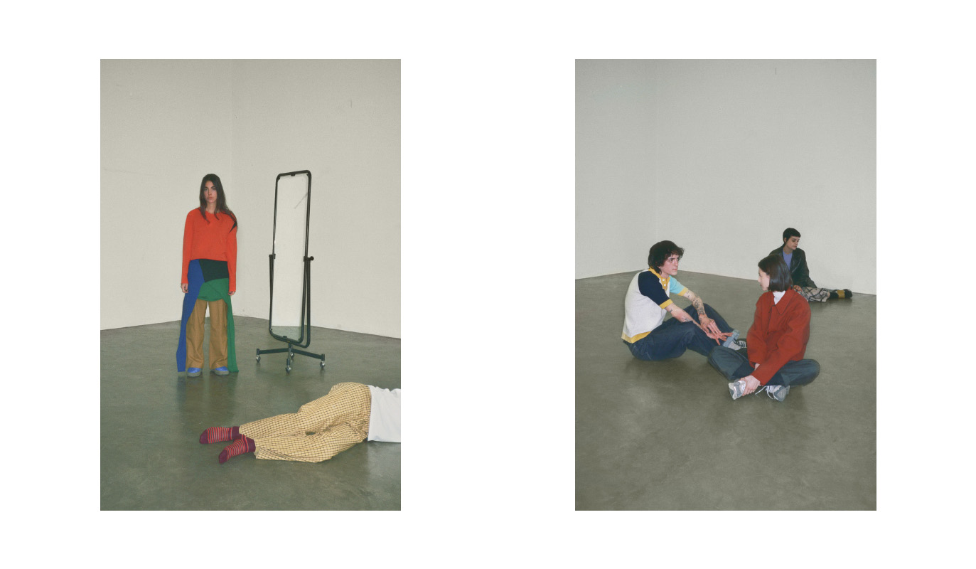 rebecca wears dress J.W. ANDERSON trousers MARNI shoes MAISON MARGIELA . riccardo wears trousers and socks MARNI archive. lorenzo wears polo SUNNEI archive trousers EYTYS shoes STYLIST’S OWN . cielo wears jacket MARNI archive turtleneck STYLIST’S OWN trousers LUCIO VANOTTI archive shoes NEW BALANCE . martina wears jacket PRADA archive t-shirt STYLIST’S OWN trousers and shows MARNI