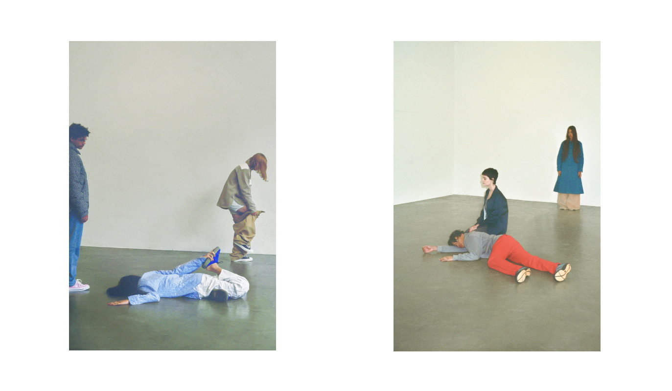 pedro wears jacket ACNE STUDIOS archive trousers LEVI’S shoes CONVERSE . patricia wears shirt ANDREA POMPILIO archive trousers STYLIST’S OWN shoes MAISON MARGIELA . bruno wears shirt C ALVIN KLEIN 205W39NYC archive trousers MARNI archive shoes CONVERSE . aldo wears sweatshirt USED FUTURE archive trousers and shoes STYLIST’S OWN . martina wears coat PRADA archive trousers STYLIST’S OWN . rebecca wears dress MAN-TLE trousers VAQUERA