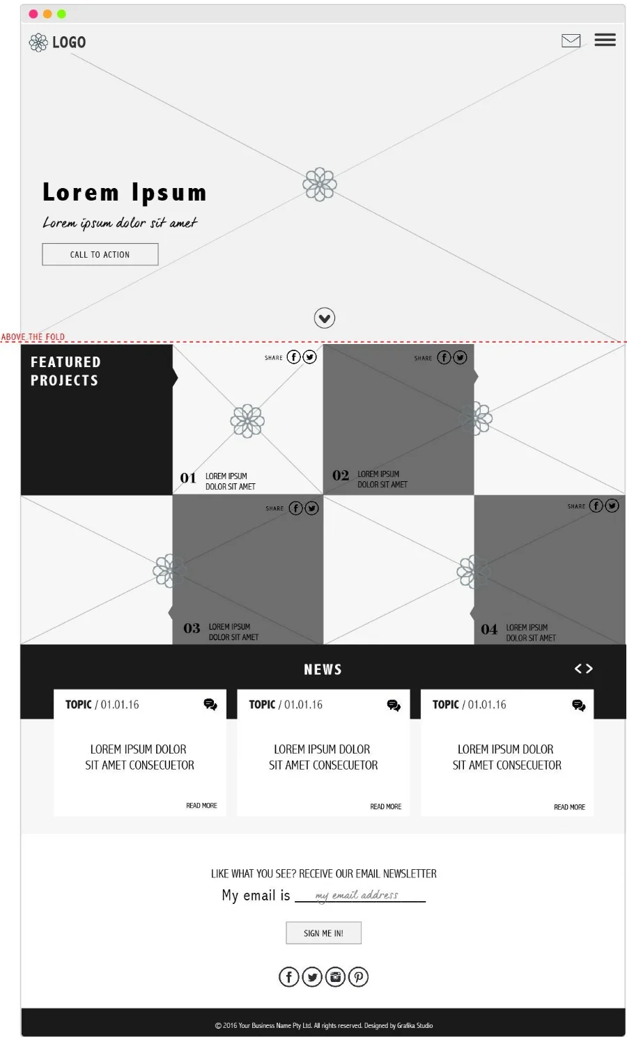 Home page wireframe for a website project by Grafika Studio