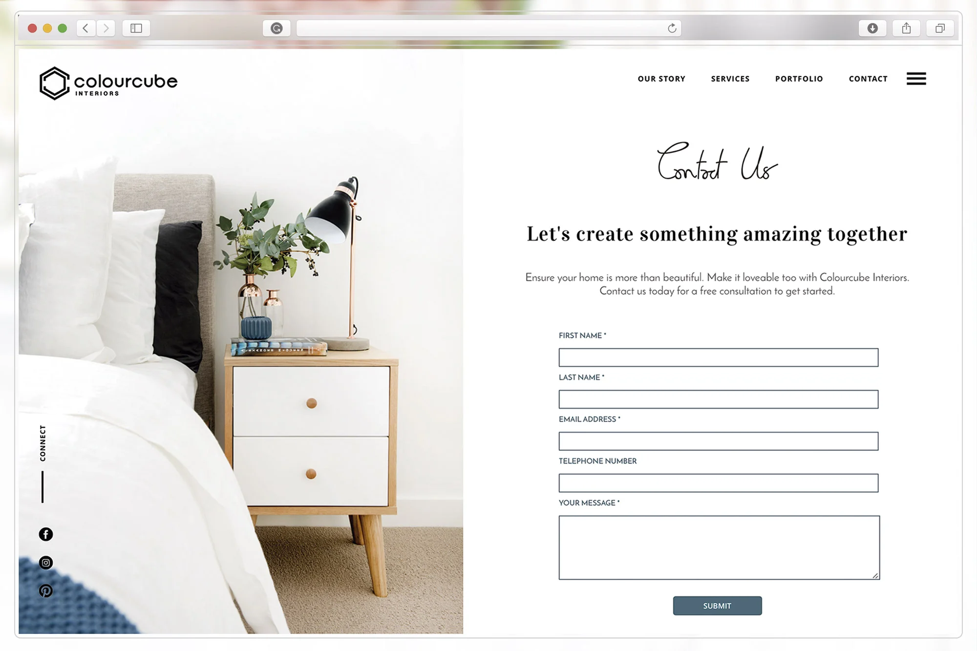 Contact page of ColourCube Interiors website
