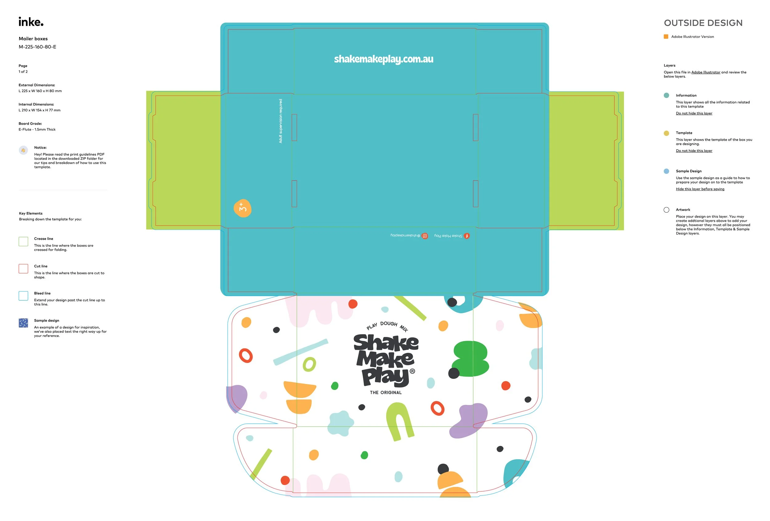 Shake Make Play mailer box design with key lines