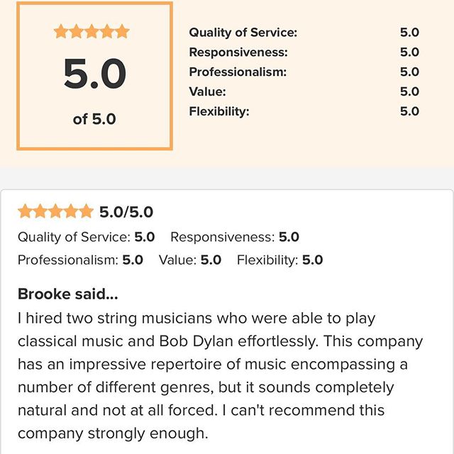 Thank you very much Brooke for your confidence in our services! A wonderful review from one of our clients. High quality and professional service for your social and corporate event.#stringduo #stringtrio #miami  #libermusicevents #livemusic #wedding