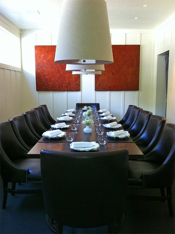  Two 4' x 4' Textured 'Paintings' made from the bark of the madrone tree. Now a permanent addition to the private dining room at The Restaurant at Meadowood, Napa, California. 