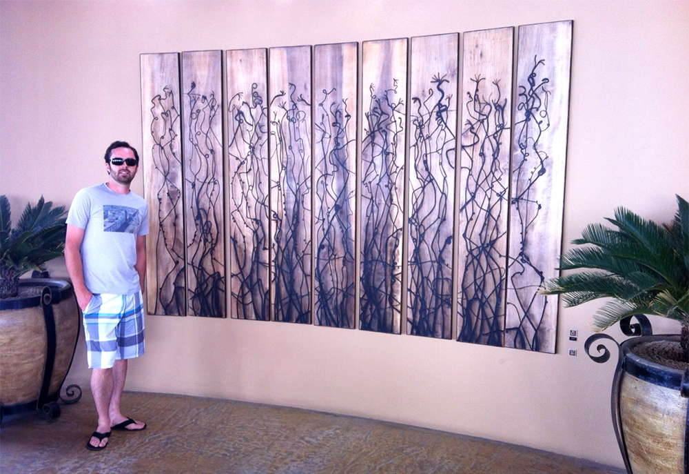  A custom piece I called The Nine for Cocina Del Mar, the main restaurant at Esperanza, An Auberge Resort in Cabo San Lucas Mexico. This piece is attached to a curved wall outside facing the Sea of Cortez and the burned lines echo the flora of the se