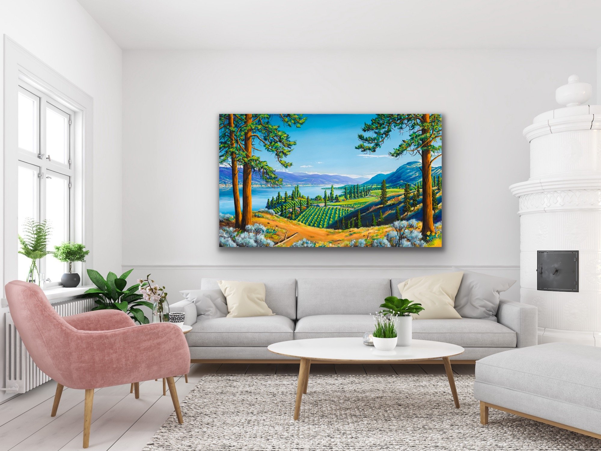 British Columbia Prints of a painting of Summerland BC overlooking vineyards and orchards above okanagan lake art print done by Kelowna Artist