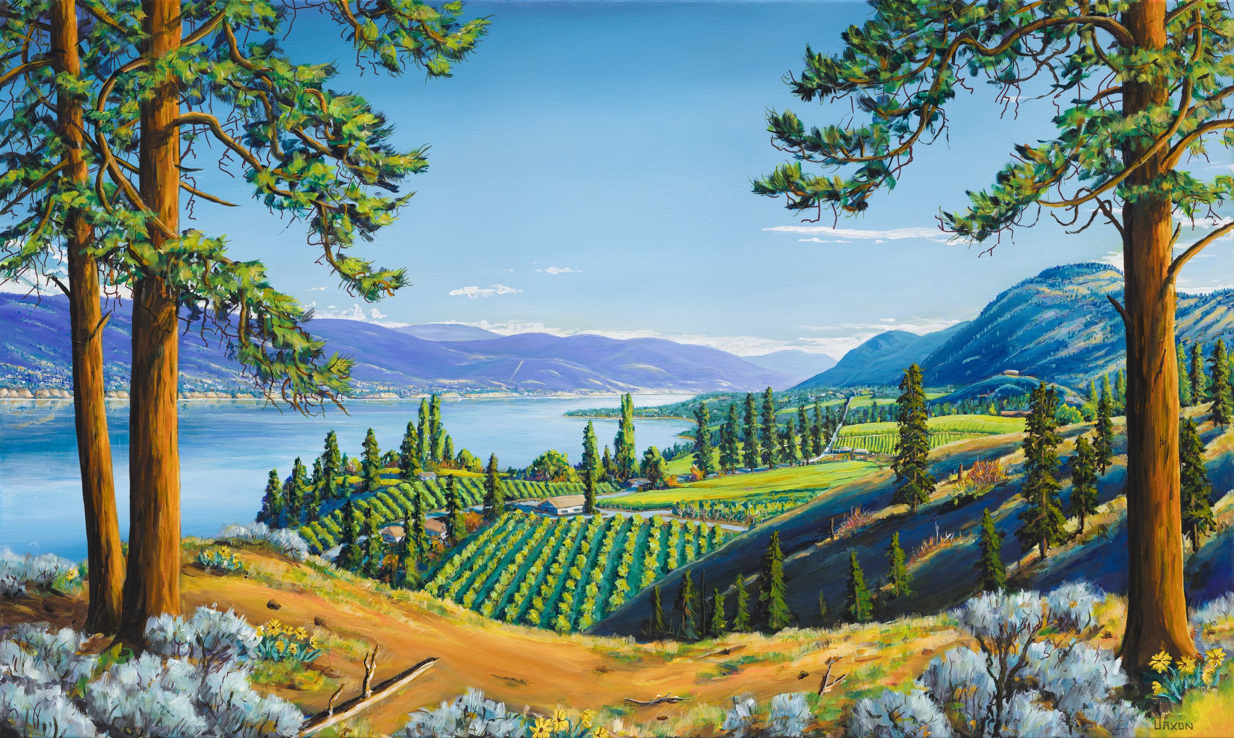 A British Columbia Art Print of A painting of vineyards overlooking Okanagan Lake from Summerland BC by Kelowna artist Jaxon Jurome